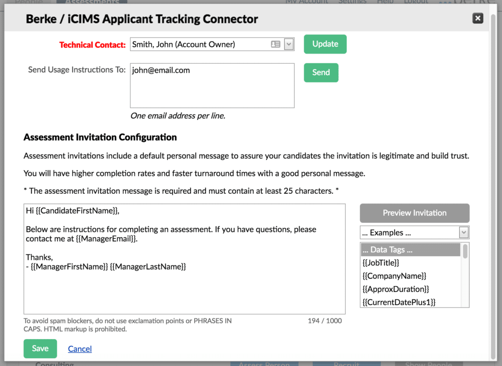 screenshot of the Berke / iCIMS Connector advanced settings page