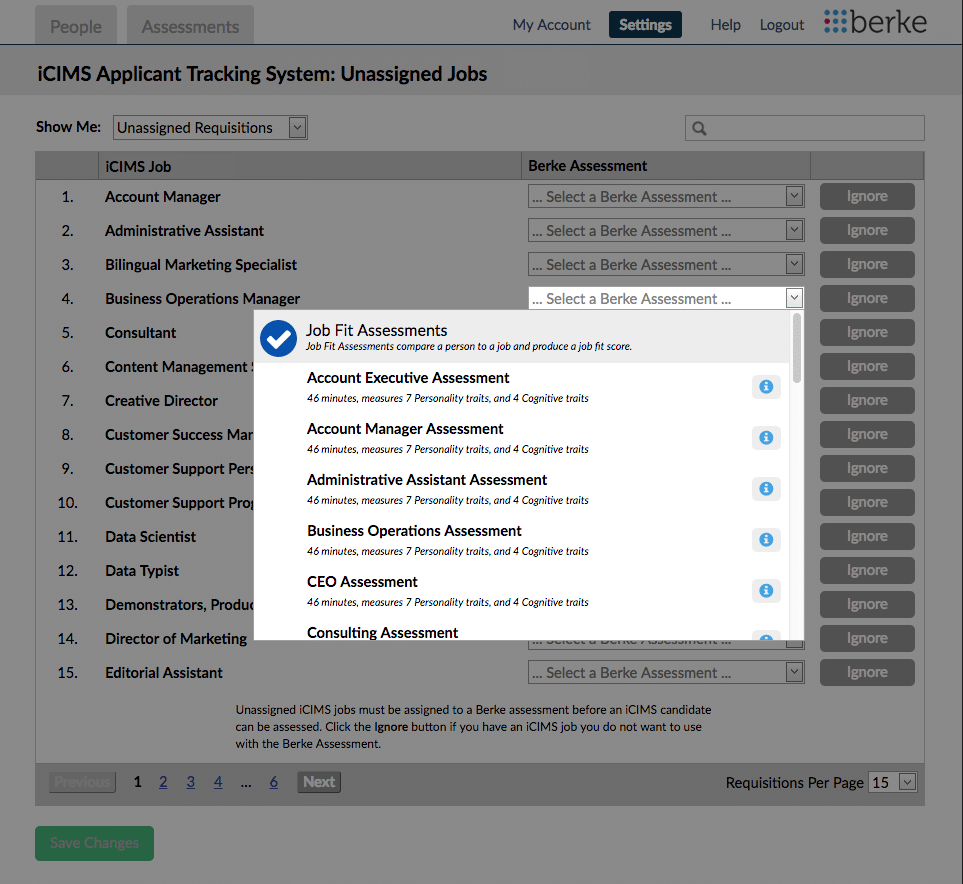 screenshot of Berke / iCIMS job assessments